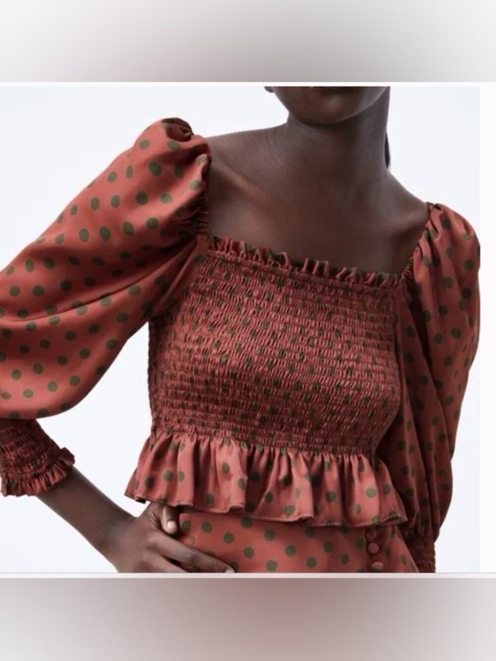 Zara XS Polka Dot Satin Blouse Puff Sleeve Bohemian Dressy Parisian Top